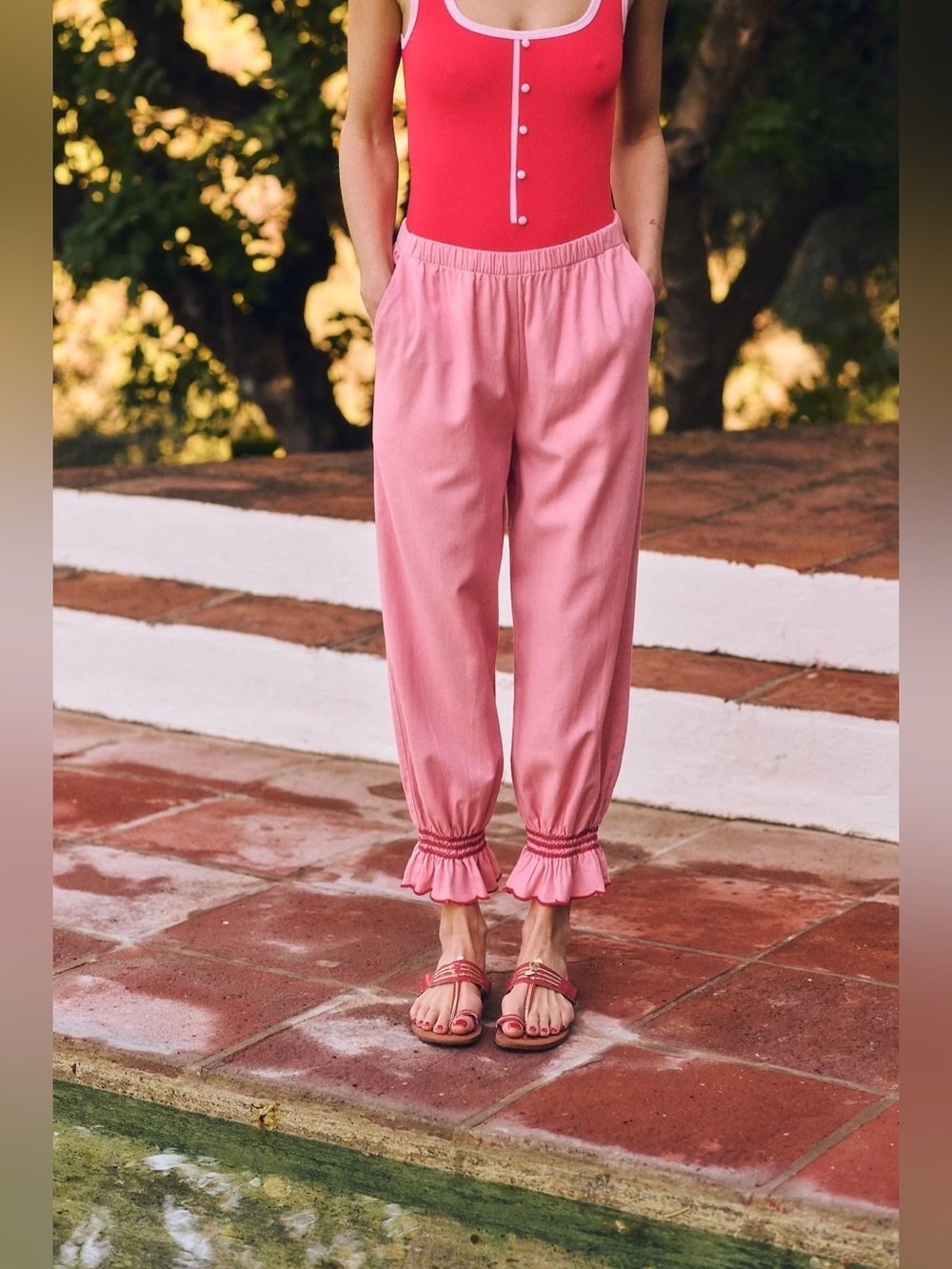 MARIA DE LA ORDEN 100% Cotton Dinard Pants Pink Ruffle Ankle Size XS NWT